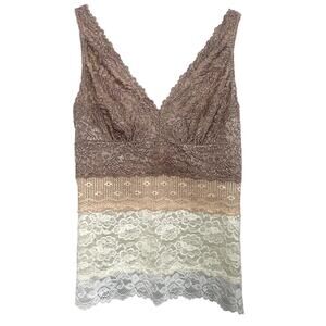 Y2K Papillon Blanc Lace V-neck Stretch Tank Top Tan White Colorblock Size Large